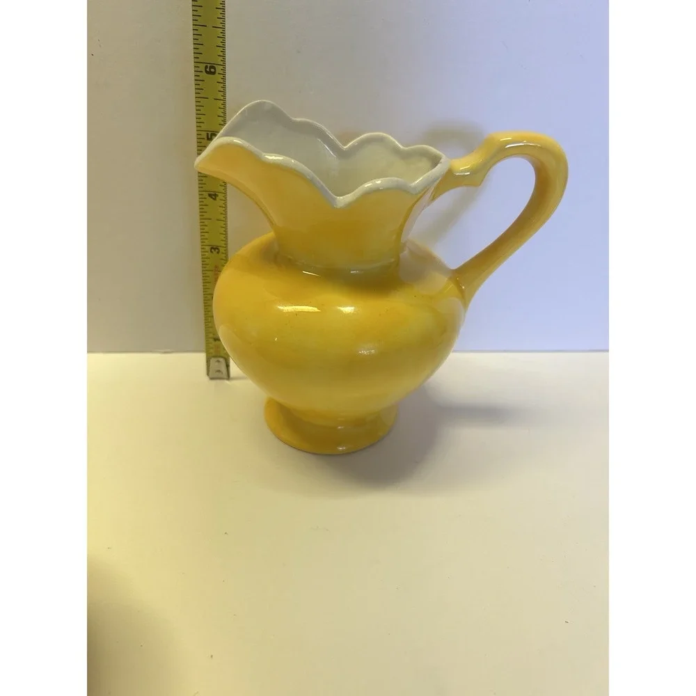 Vintage Pitcher Wash Basin Matching Bowl Set Yellow And Hand Panted Candlesticks